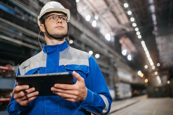 Factory worker using tablet in manufacturing facility
